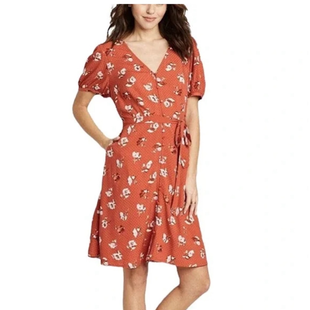 Universal Thread Orange Wrap Midi Dress Puff Sleeves